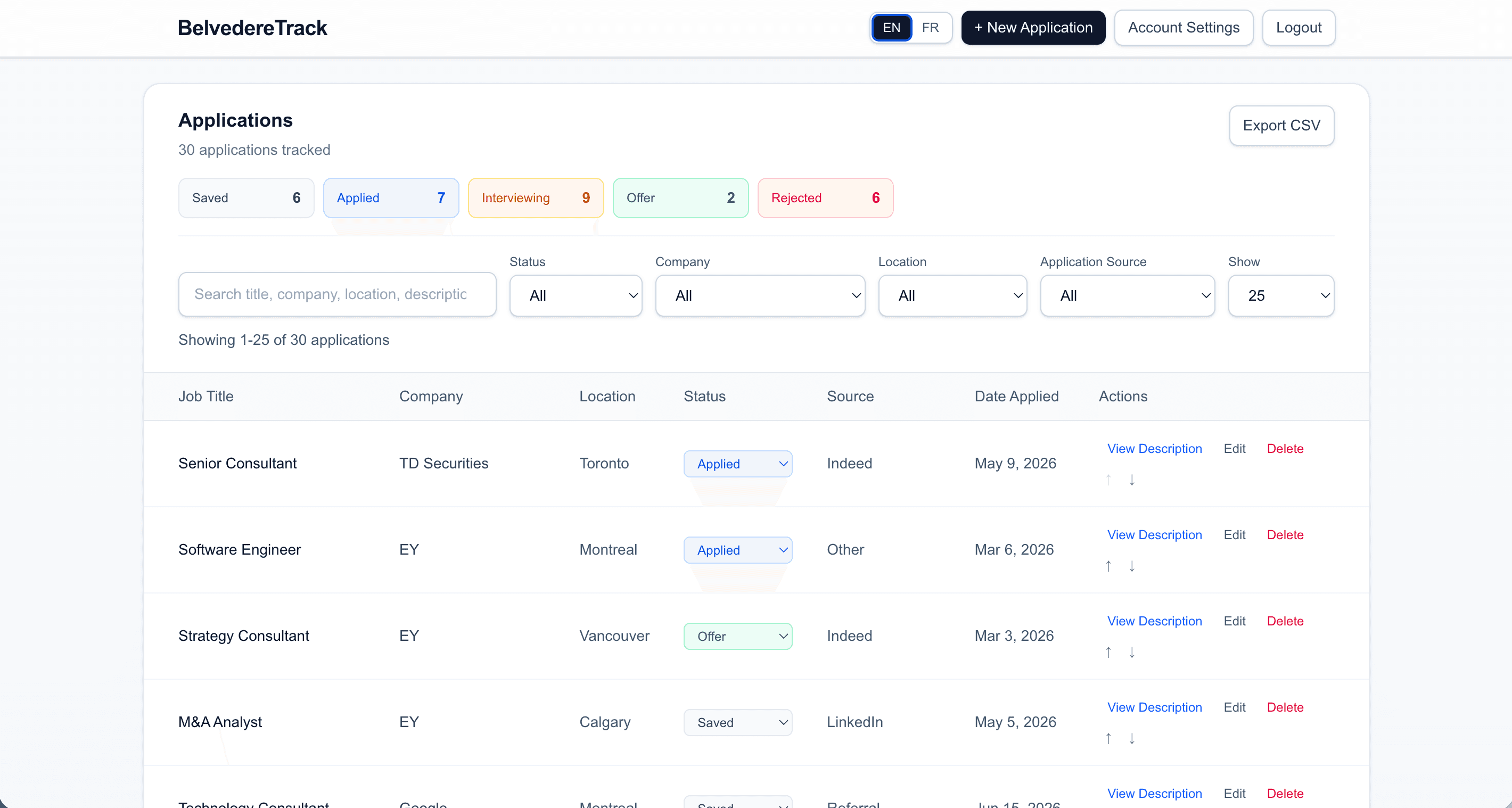 BelvedereTrack dashboard showing job application tracking, search, filters, interview tracking, and application management.